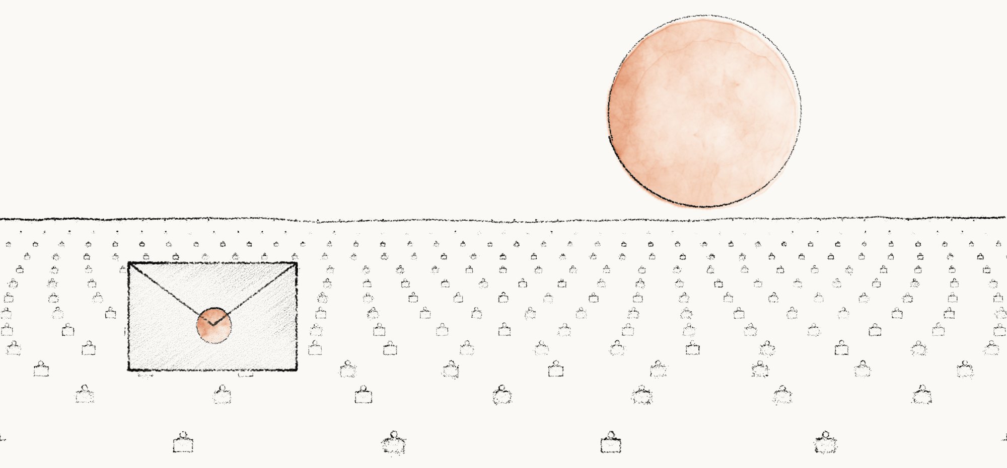 Hand-drawn ink illustration: rows of small readers holding letters recede to a horizon under a terracotta sun; one large letter in front carries a terracotta seal.