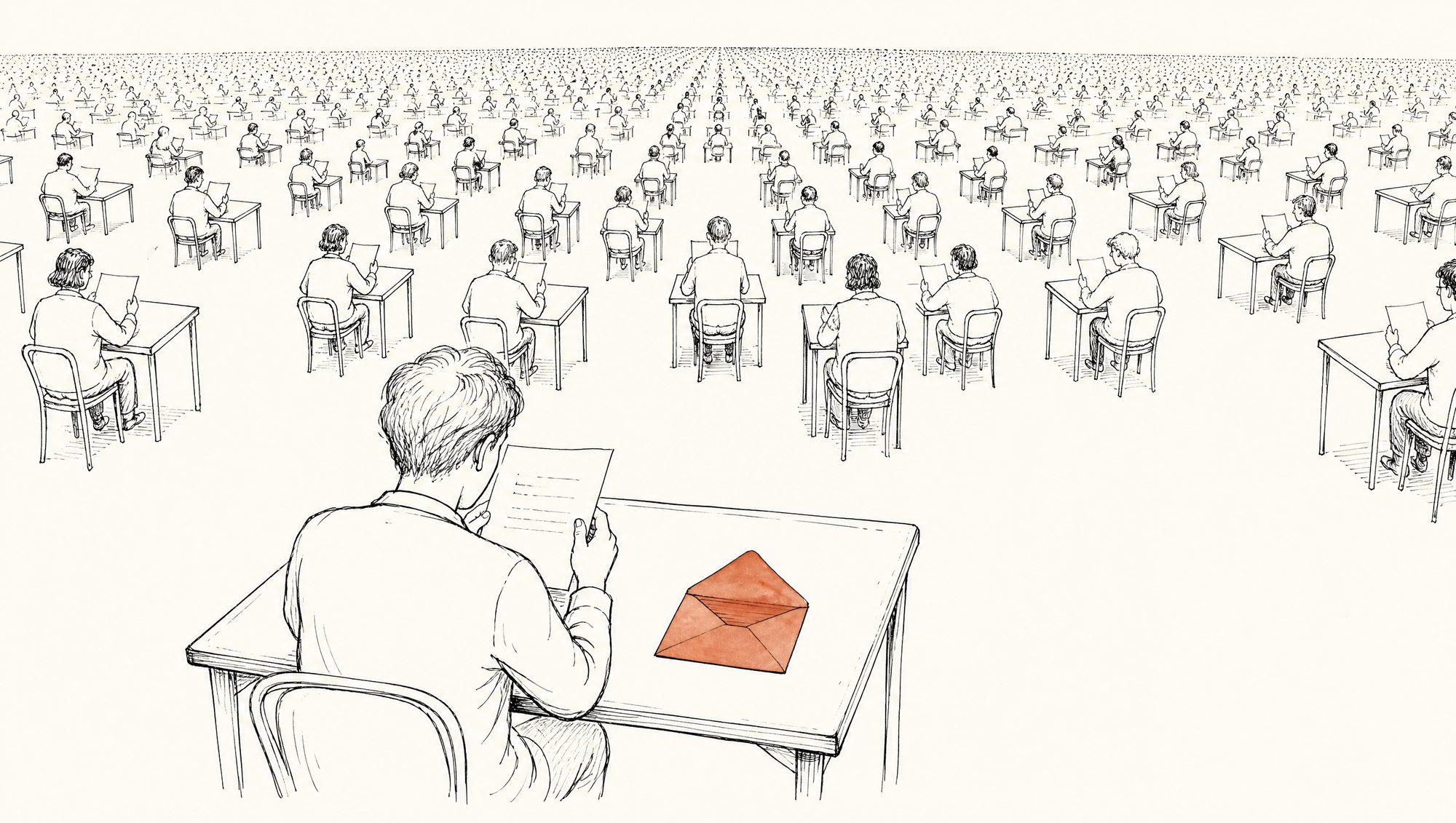 Ink illustration: a field of hundreds of people at desks, each reading a letter; the nearest holds an opened terracotta envelope.