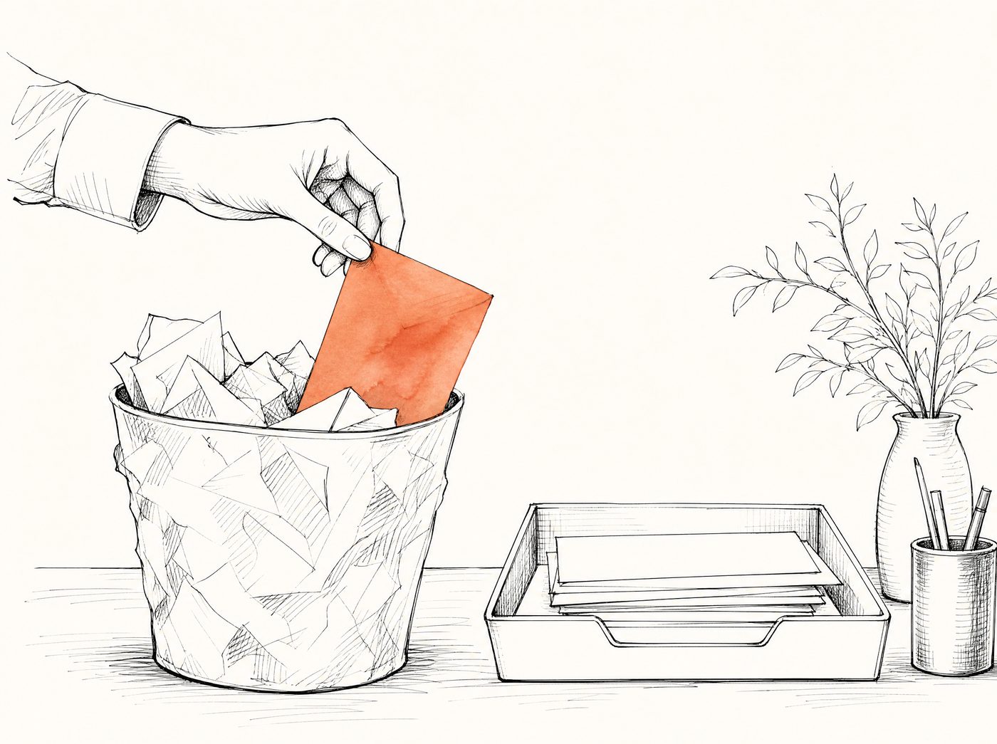 Ink illustration: a hand lifts a terracotta letter out of a crumpled paper bin and places it into a tidy inbox tray.