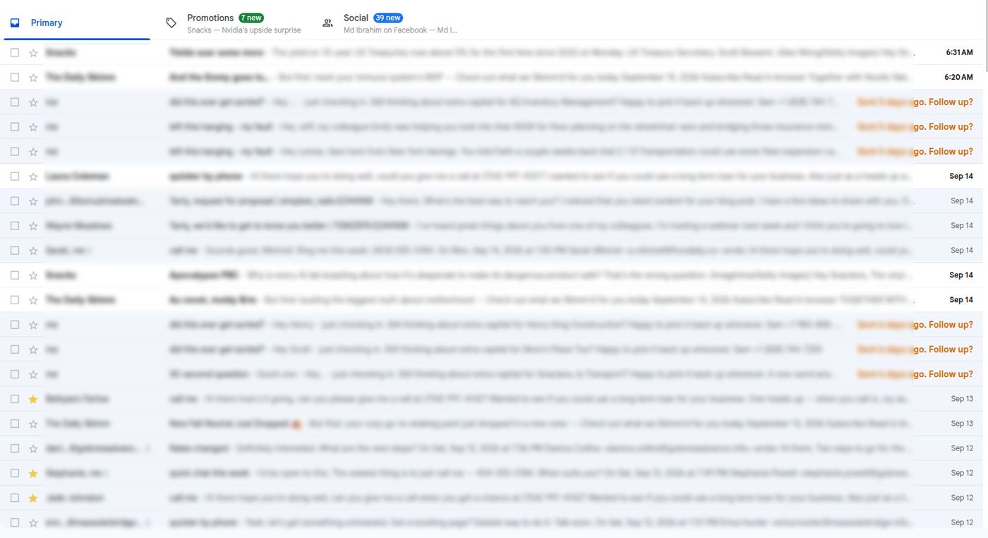 A reader account's Google inbox during a session, text blurred: your emails sit between newsletters and notes from other readers.